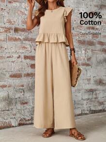 SHEIN LUNE Khaki Round Neck Ruffle Hem Top+Pants Two Pieces Set - Khaki - View 6