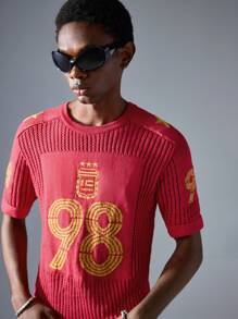 NEON BLANC Men's Street Fashion Knitted Numeric Short Sleeve Sweater - Red - View 7