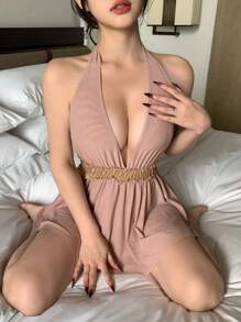 DAZY Bộ đồ lót gợi cảm cổ chữ V khoét sâu, lưng hở, phối ren tương phản dành cho nữ. - Hồng - Xem 1