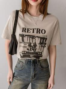 Dazy-Less 宽松短袖 T 恤，人物和字母印花，夏季，图案 T 恤，学院风上衣