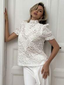 Aloruh Short Sleeve Cutout Collar Ladies White Blouse, Suitable For Weddings