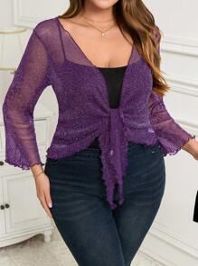 Gownix Hollow Lace-Up Ruffle Hem Short Cardigan Blouse With Puff Sleeves, Plus Size, Carnival Costume - Purple - View 3