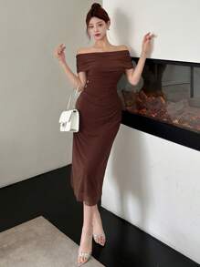DAZY Off Shoulder Solid Ruched Side Mesh Overlay Homecoming Dress Elegant Sundress,Dress For Wedding,Back To School Clothes - Brown - View 6