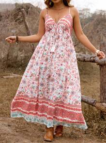 SHEIN Clasi Plus Size Women's Summer Western Boho Hippy Festival Holiday Casual Vacation Printed V-Neck Cami Dress