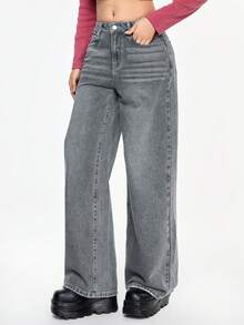 ROMWE Grunge Punk Wing Skull Embroidered Loose Wide Leg Women Jeans - Baby Blue - View 5