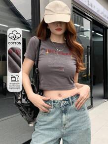 DAZY 女式夏季休闲标语印花圆领短袖 T 恤、女式短款上衣、图案 T 恤 - 灰色 - 查看 1