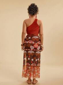 Travachic Plus Size Vacation Casual Tropical Retro Print Spring/Summer Beachwear Set - Halter Top + High-Waist Shorts + Palm Tree Retro Print Sarong Cover-Up - Brown - View 2