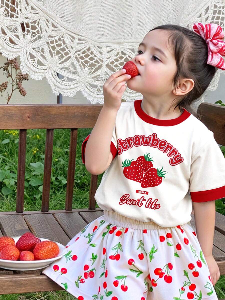 SHEIN Leap Crew Cute Strawberry Print Young Girl Casual Round Neck Short Sleeve T-Shirt, Suitable For Summer Vacation - Multicolor - View 1