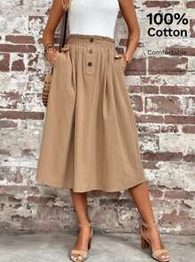 SHEIN LUNE Váy nữ Túi Nút phía trước Quần paper-bag màu trơn Giải trí - Màu Khaki - Xem 1