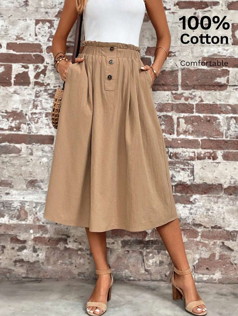 SHEIN LUNE Váy nữ Túi Nút phía trước Quần paper-bag màu trơn Giải trí - Màu Khaki - Xem 1