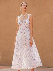 Aveloria Rosie Elegancka, francuska sukienka w stylu kurortowym z szyfonu w bloki kolorów, kwiatowy nadruk, marszczona, z warstwowymi rękawami i ściągaczem w talii, w kształcie litery A, dla kobiet, w stylu boho, na wakacje, w modnym stylu, z nadrukiem na całej powierzchni, na lato - Niebieski - Zobacz 4