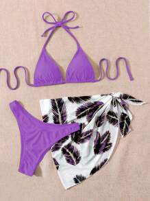SHEIN Swim 3pcs/Set Halter Bikini Set For Summer Beach Vacation - Purple - View 3