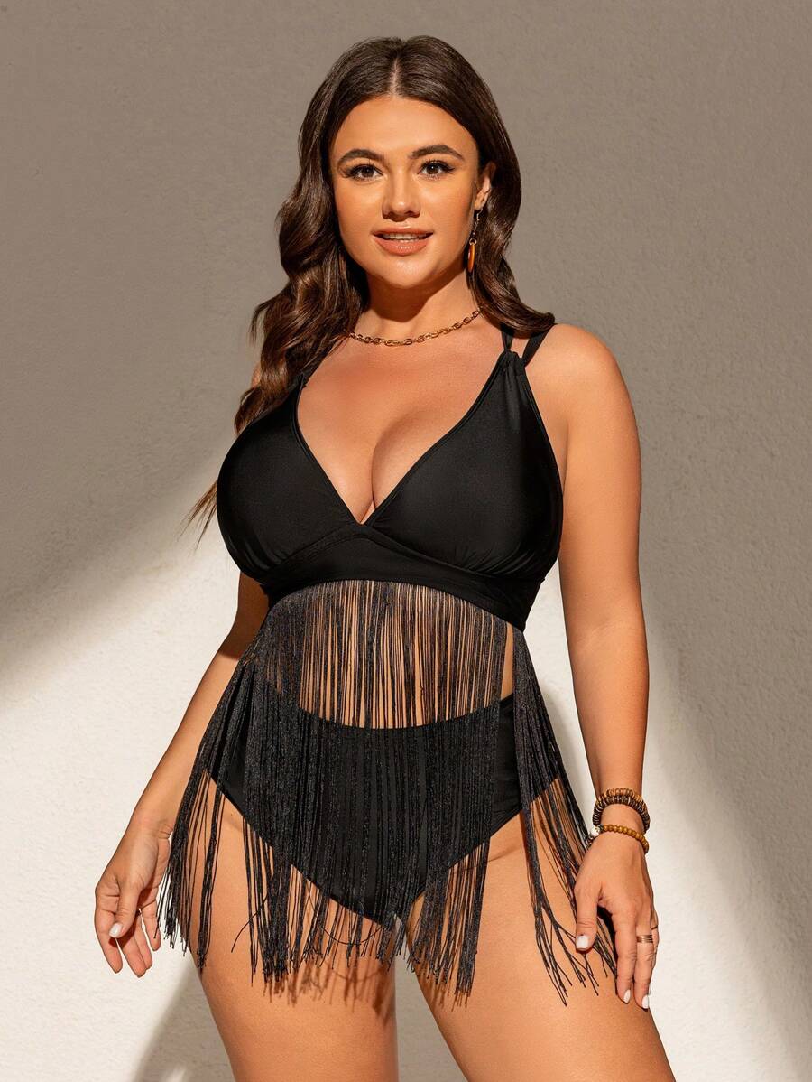 SHEIN 大码女式流苏休闲度假泳裙 - 黑色 - 查看 1