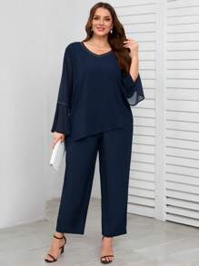 SHEIN Clasi 2pcs/Set Women Plus Size V-Neck Flared Sleeve Top And Pants Outfit - Navy Blue - View 5