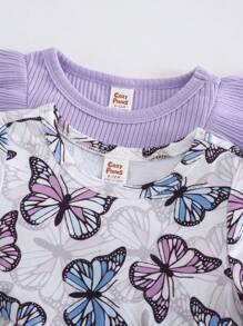Cozy Pixies Set de 2 vestidos con cintura para bebé niña con estampado floral y unicolor, de cuello redondo y manga corta