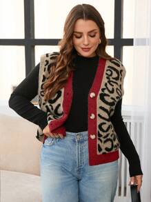SHEIN Frenchy Plus Size Casual Leopard Print Knitted Sleeveless Open Front Cardigan - Multicolor - View 5