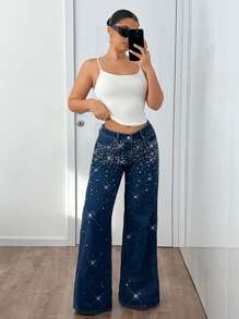 SHEIN ICON Y2K 女士出街低腰星星亮片口袋阔腿宽松休闲蓝色亮片闪亮亮片宽松牛仔裤 - 深色水洗藍 - 查看 5