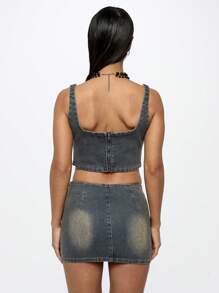 SUMWON WOMEN Distressed Denim Corset Top Bustier Festival Y2K Fashion Sleeveless Fitted Summer Streetwear Cropped Tank Western Raw Edge - Blue - View 2