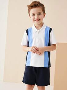 2 pièces/Set Polo à manches courtes avec demi-zip et bloc de couleur & Short pour Tout-petits Garçons, Tenues décontractées d'été pour sortie et port quotidien - bleu indigo - Voir 7