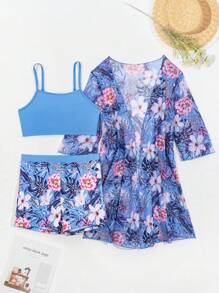 SHEIN Swim 3pcs/Set Women Springbreak Random Printed Cami Top & Shorts & Short Sleeve Jacket Beachwear Swimsuits For Summer Beach Vacation - Multicolor - View 7