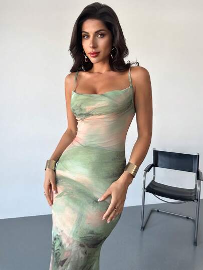 Firerie Women's Elegant Minimalist Delicate Romantic Fashion Saint Patrick's Day Resort Party Daily Draped Neck Abstract Green Floral Print Bodycon Dress, Spring/Summer,Summer Dresses For Women