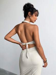 Aloruh 女士露背修身长裙套装，两件套，适合办公室通勤 - 杏色 - 查看 2