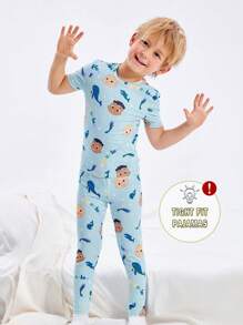 CoComelon X SHEIN Young Boy Whale Print Blue Ocean Cute Fresh Snug Fit Short Sleeve T-Shirt & Pants Comfort Pajamas Set - Blue and White - View 7