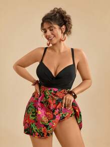 Travachic Plus Size Tropical Print Beach Dress, Pineapple&Flower Pattern Splicing Sleeveless Dress & Black Swimwear Set, Summer - Multicolor - View 1