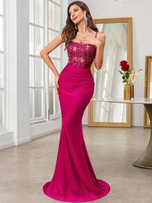 SHEIN Belle 亮片拼接吊带露背高腰褶皱裹臀裙舞会礼服毕业礼服女士礼服，婚礼宾客礼服，美人鱼长款舞会礼服，节日礼服，鸡尾酒会礼服，适合女士派对，舞会，正式场合，晚会 - 玫紅色 - 查看 3