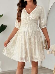 SHEIN 孕妇V领亮片短袖迷你连衣裙 - 杏色 - 查看 5