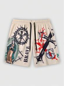 ROMWE MEN Street Life 1pc Men's Cross Letter Print Drawstring Waist Loose Casual Shorts - Khaki - View 1