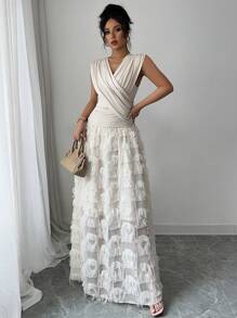 Rafferiza Elegant Vacation V-Neck Ruched Texture Splice Dress - Apricot - View 6