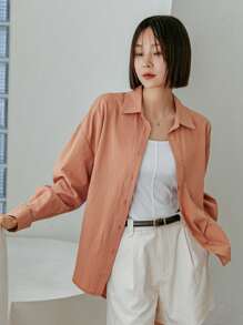 Dazy-Less Women's Solid Color Long Sleeve Casual Business Shirt,Fall Women Clothes - Coral Orange - View 10