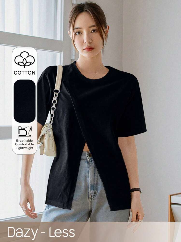 Women's Solid Color Round Neck Short Sleeve Split Hem Casual T-Shirt, Summer Business Casual Woman Work Clothes