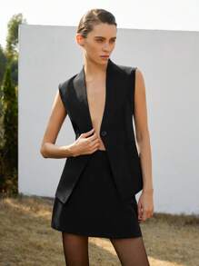 SHEIN Privé Conjunto de falda y blusa de estilo ceñido con cuello en V sin mangas, cintura entallada y diseño de abertura, estilo de uso diario para mujeres - Negro - Ver 3