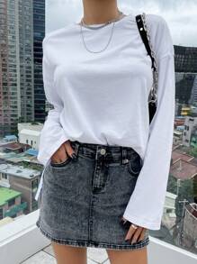 DAZY Solid Split Hem Drop Shoulder Tee Long Sleeve Women Tops