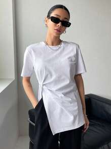 DAZY 純色扭紋前開叉下擺 T 卹 - 白色 - 查看 3