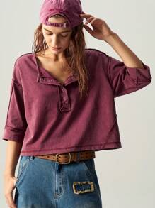Bohemela Casual Solid Color Knitted Half-Open Collar Loose Washed Plus Size T-Shirt,Vintage - Burgundy - View 2