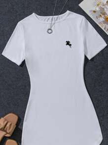 INAWLY Women Casual Minimalist Knight Print White Mini Dress - White - View 3