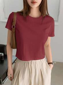 Dazy-Less 女士夏季纯色圆领短袖T恤商务休闲女士工作服 - 紅色 - 查看 6