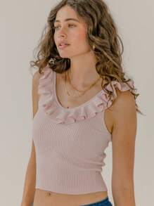 Aralina Ruffle V Neck Knit Ribbed Going Out Summer Top - Pink - View 4