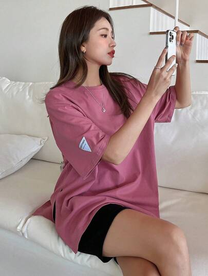 Dazy-Less Women's Summer Letter Print Logo Round Neck Drop Shoulder Loose Casual T-Shirt Old Money Style Oversized T-Shirt Business Casual Woman Work Clothes