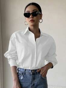 DAZY Button Through Pocket Front Drop Shoulder Shirt,Long Sleeve Tops,Back To School Clothes Fall - White - View 9
