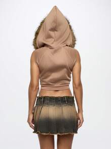 SUMWON WOMEN 毛皮装饰短款连帽背心无袖短款上衣冬季秋季时尚拉链运动休闲家居服休闲街头服饰 - 棕色 - 查看 2