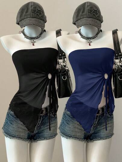 SHEIN EZwear 2 piezas Blusa asimétrica con dobladillo asimétrico, cordón ajustable y ribete de lechuga para mujer