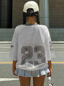 Muchica 灰色网眼运动衫女款印花 T 恤 - 灰色 - 查看 2