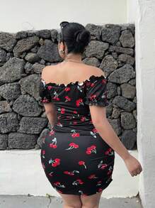 Sunnyshic 大码浪漫樱桃印花露肩收腰紧身连衣裙，度假