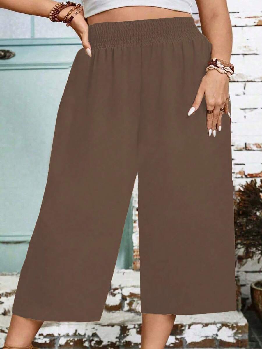 Linhara Plus Size Solid Color Loose Wide Leg Pants, Casual Resort Wear - Brown - View 1