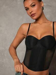 Glamine Sexy Mesh Patchwork Solid Woven Wire Rim Camisole Tank Top For Women - Black - View 5