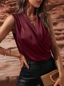 SHEIN Clasi Solid Ruched Overlap Collar Sleeveless Satin Blouse,Sleeveless Tops